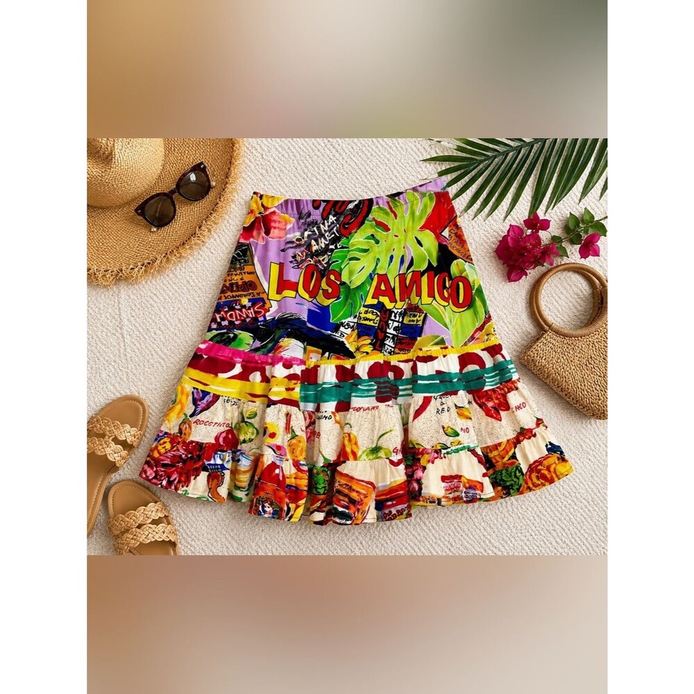 Jams World Mexico Print Tiered Mini Skirt Small Colorful Tropical Y2K Vacation